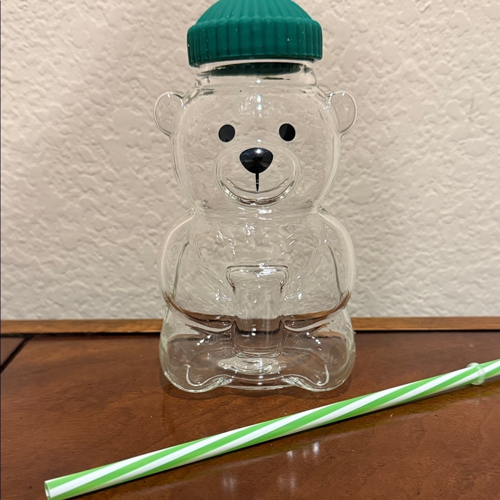 Bear Shaped Clear Glass Jar with Green Lid Straw New